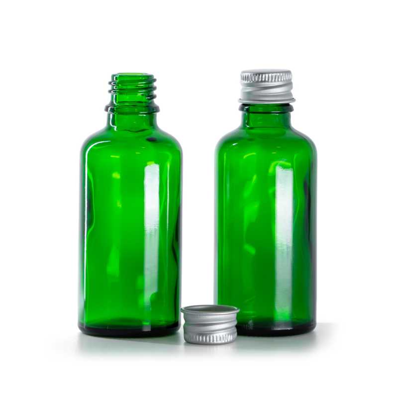 Skleněná lahvička zelená, hliníkové víčko stříbrné, 50 ml