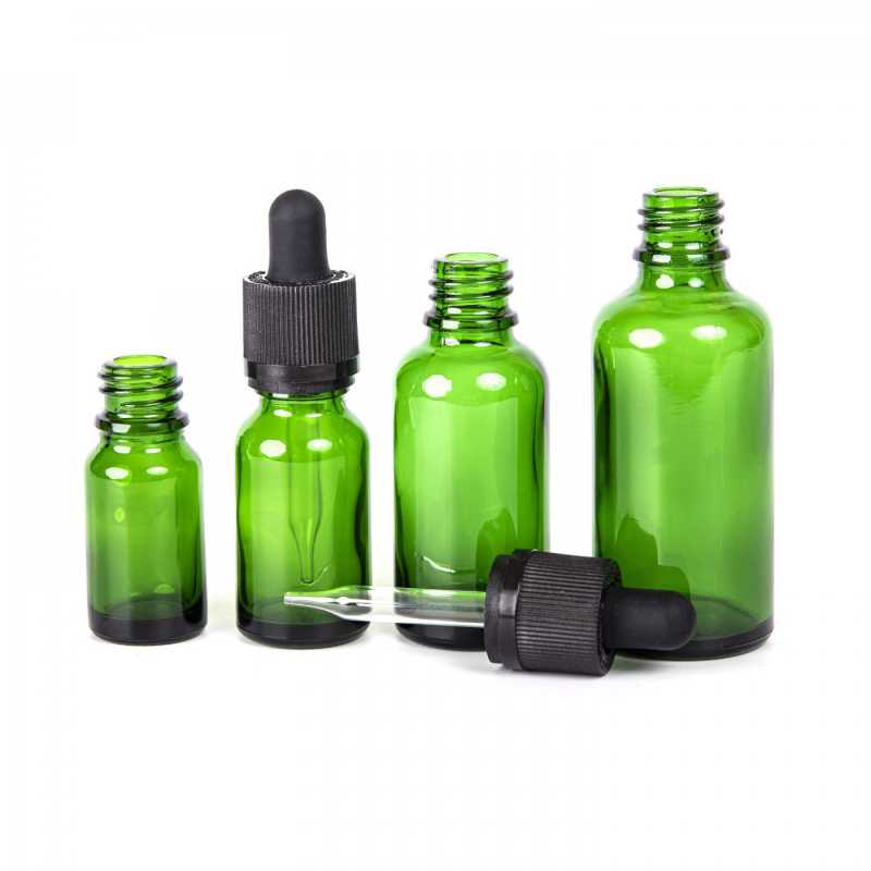 Skleněná láhev, zelená, pipeta s bezpečnostním zámkem, 15 ml