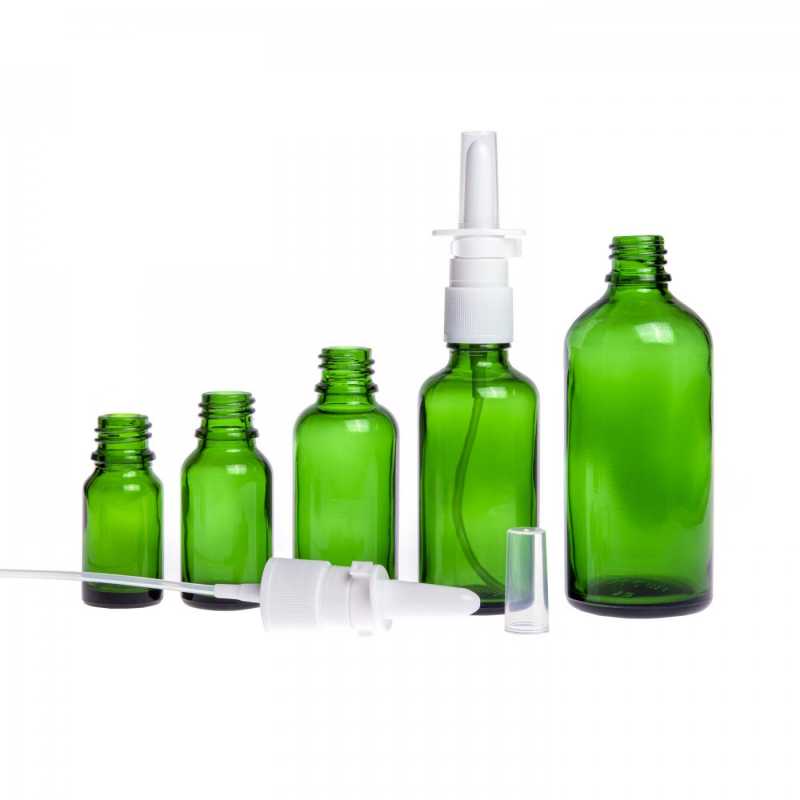 Skleněná láhev, zelená, sprej do nosu, 30 ml