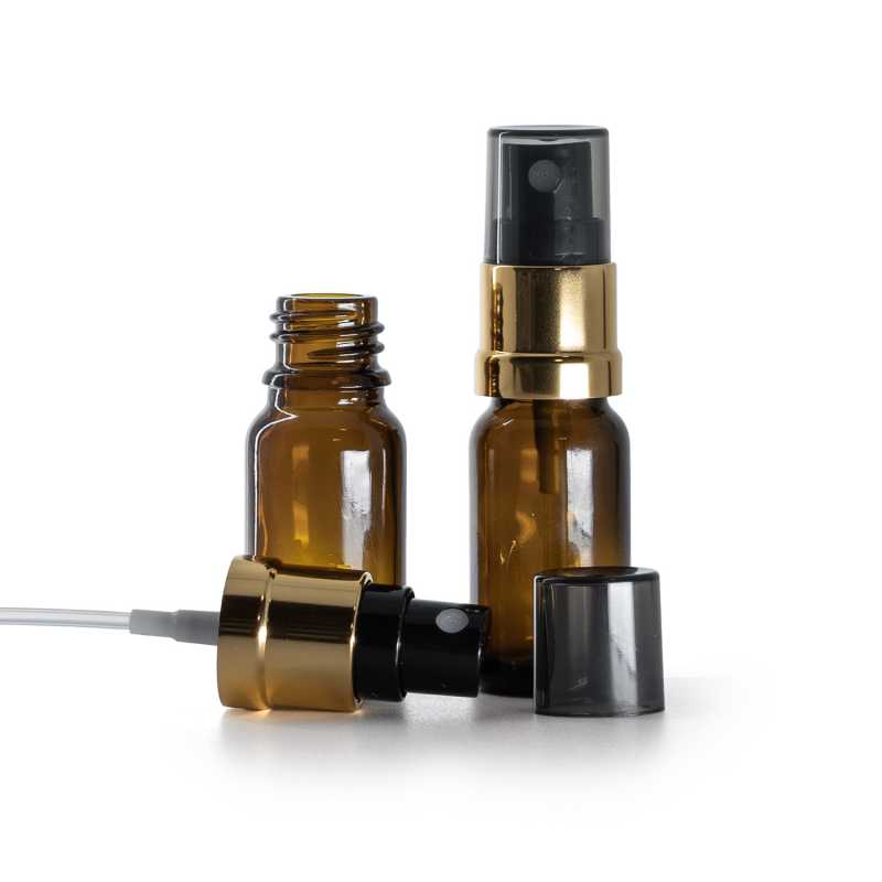 Skleněná lékovka hnědá, černo-zlatý rozprašovač, dýmový kryt, 10 ml