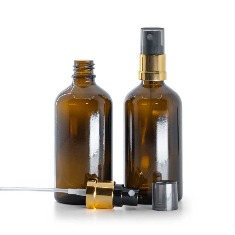 Skleněná lékovka, černo-zlatý rozprašovač, dýmový kryt, 100 ml