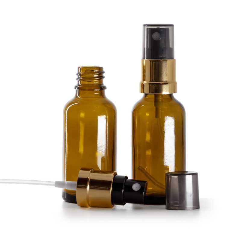 Skleněná lékovka hnědá, černo-zlatý rozprašovač, dýmový kryt, 30 ml