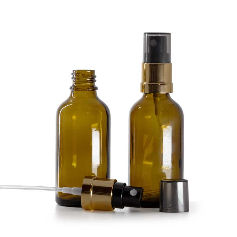 Skleněná lékovka hnědá, černo-zlatý rozprašovač s dýmovým krytem, 50 ml