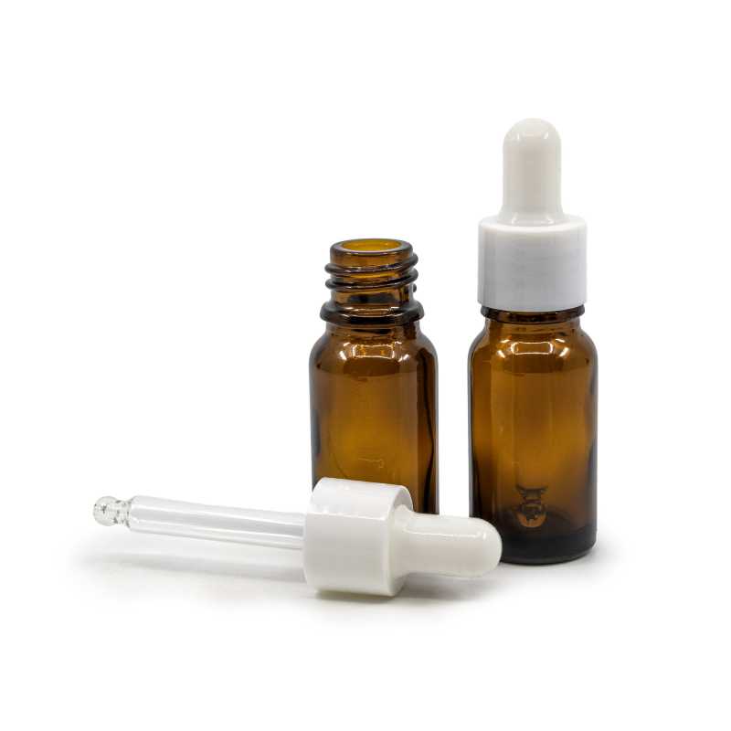 Skleněná lahvička, hnědá, bílé lesklé kapátko, 10 ml