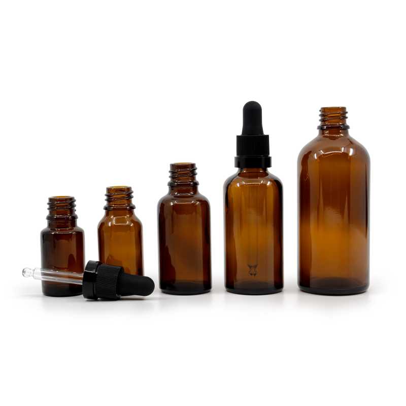 Skleněná lahvička, hnědá, černé kapátko s lesklým proužkem, 15 ml