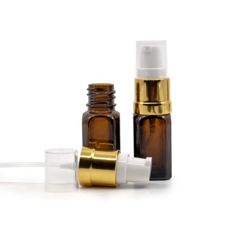 Skleněná lahvička, čtvercová rovná, bílo-zlatý lesklý dávkovač, 10 ml