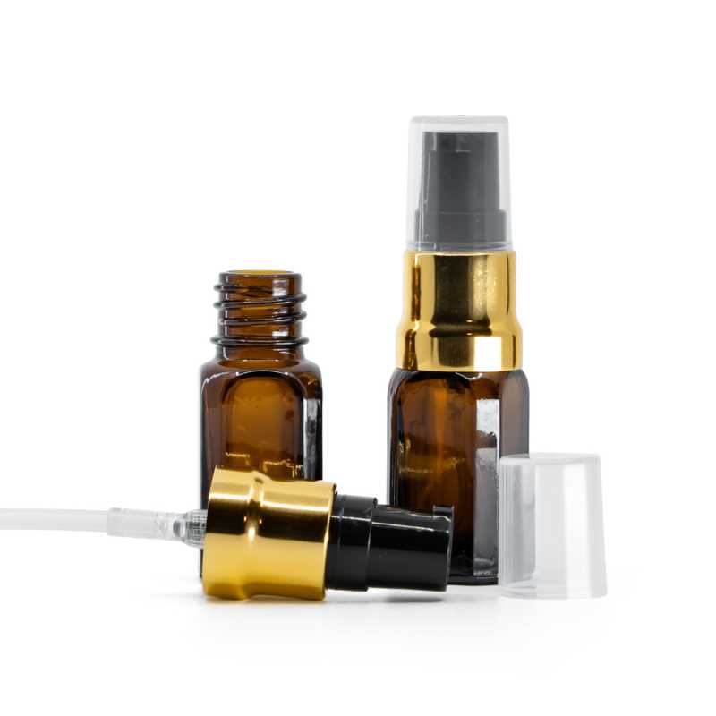 Skleněná lahvička, čtvercová rovná, černo-zlatý dávkovač, průhledný vrch, 10 ml