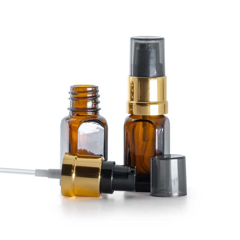 Skleněná lékovka, hranatá, černozlatá lesklá pumpička s dýmovým krytem, 10 ml