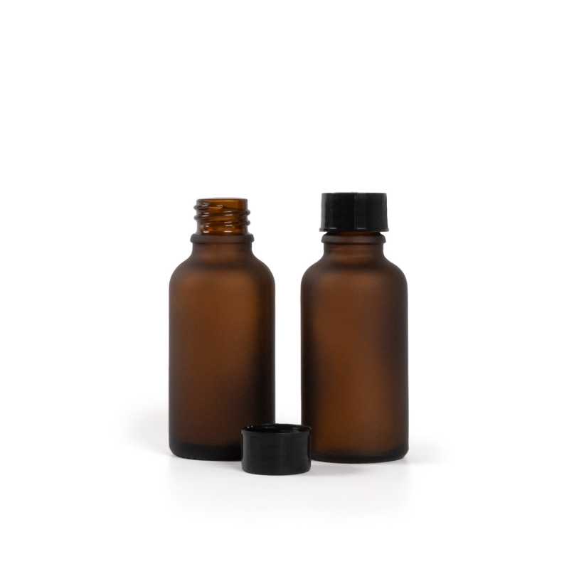 Skleněná lahvička, matná, černý uzávěr, 30 ml