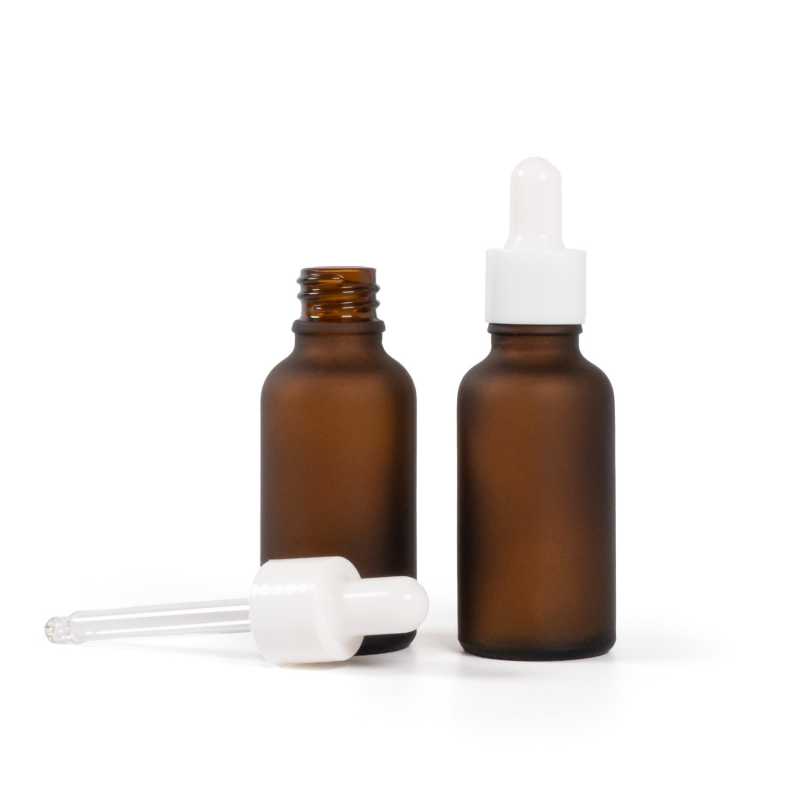 Skleněná lahvička, lékovka, matná hnědá, bílé lesklé kapátko, 30 ml
