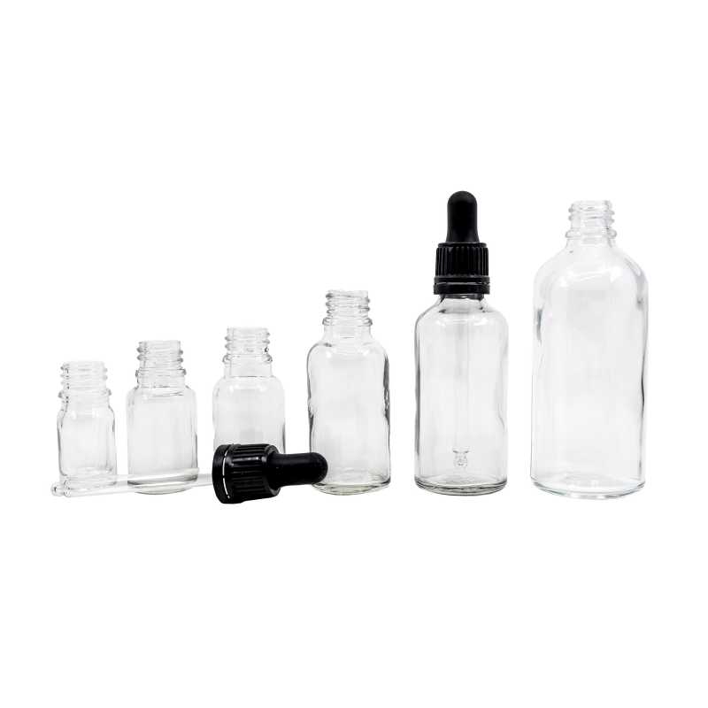 Skleněná lahvička, průhledná, černé kapátko, 15 ml