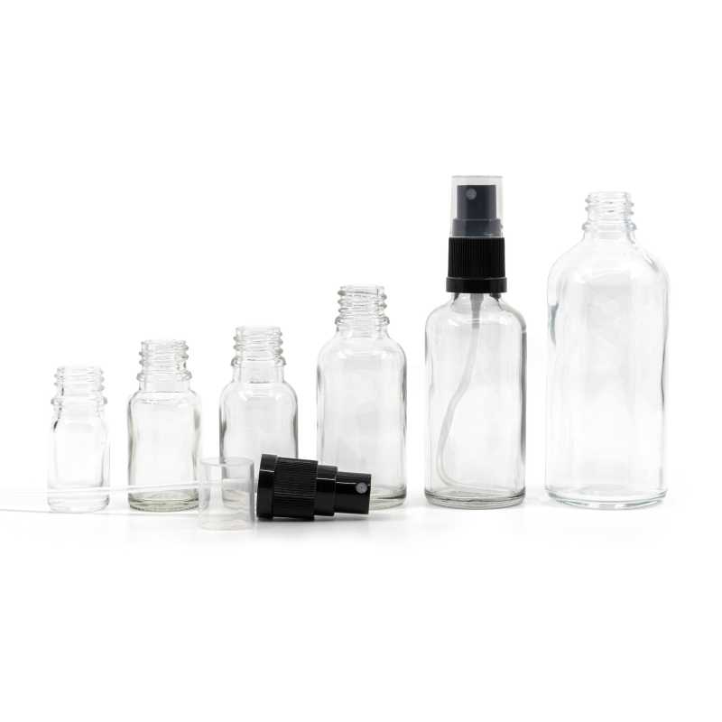 Skleněná lahvička, průhledná, černý rozprašovač, 15 ml