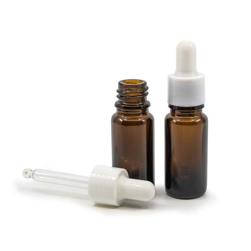 Skleněná lahvička typu B, vysoká, bílé lesklé kapátko, 10 ml