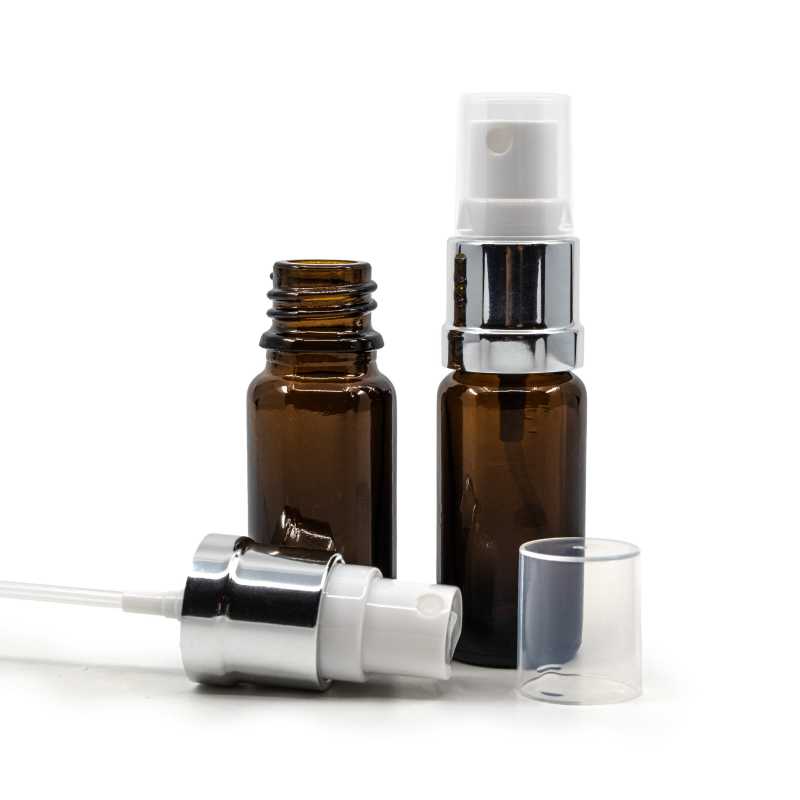 Skleněná lahvička typu B, vysoká, bílo-stříbrný rozprašovač, 10 ml