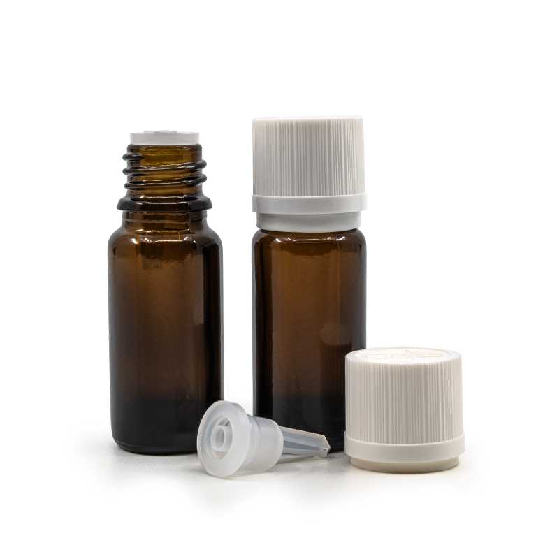 Skleněná lahvička typu B, vysoká, bílé víčko s pojistkou, 10 ml