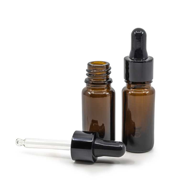 Skleněná lahvička typu B, vysoká, černé lesklé kapátko, 10 ml