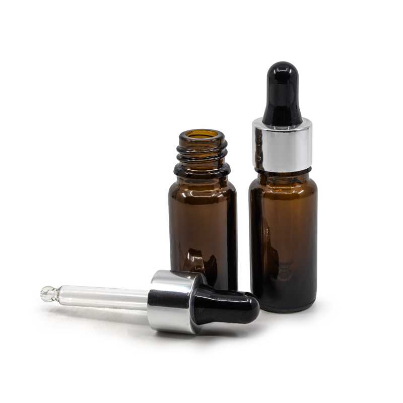 Skleněná lahvička typu B, vysoká, černostříbrné kapátko, 10 ml