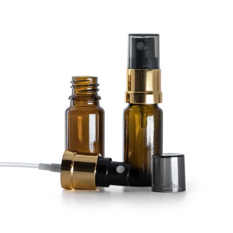 Skleněná lahvička, typ B, vysoká, černo-zlatý rozprašovač, dýmový vrch, 10 ml