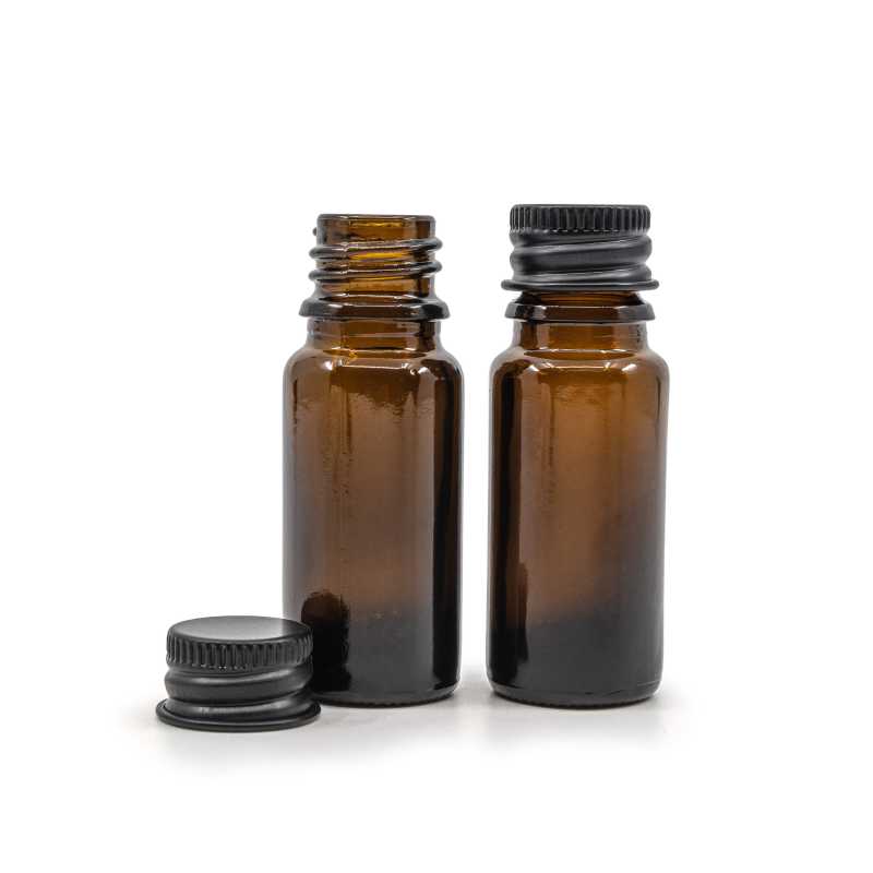 Skleněná lahvička typu B, vysoká, černý hliníkový uzávěr, 10 ml