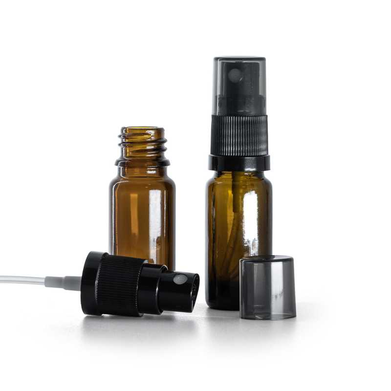 Skleněná lékovka hnědá, typ B, vysoká, černý rozprašovač, dýmový vrch, 10 ml