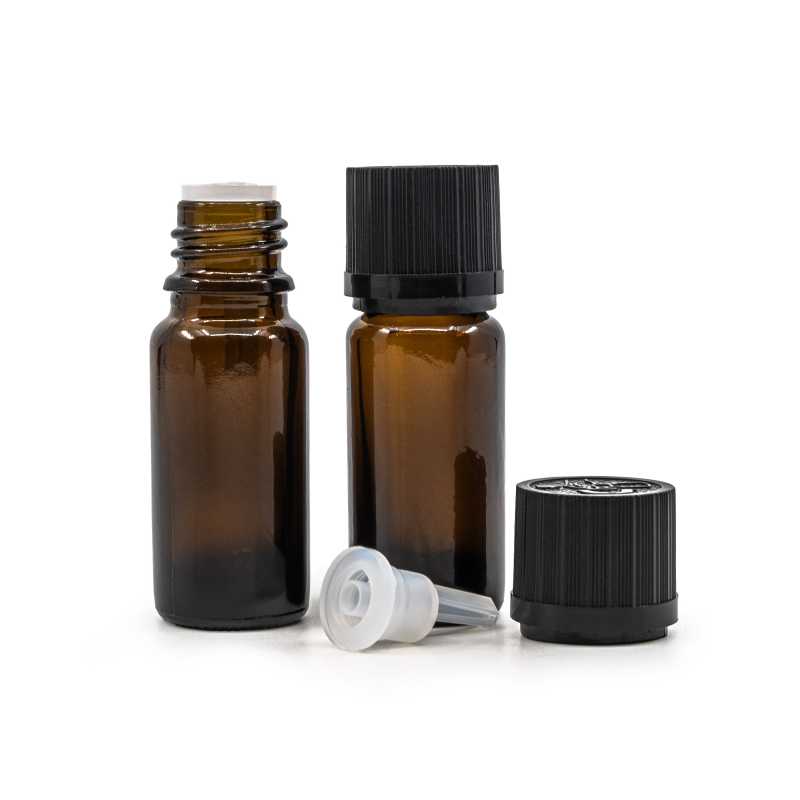 Skleněná lahvička typu B, vysoká, černé vroubkované víčko s pojistkou, 10 ml