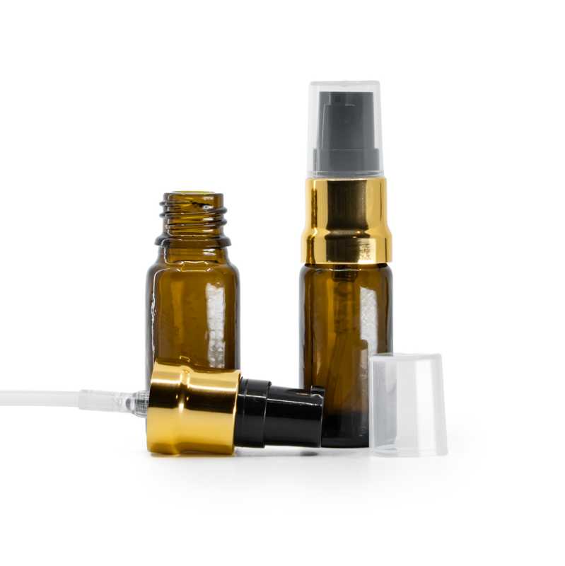 Skleněná lahvička typu B, vysoká, černo-zlatý dávkovač, průhledný vrch, 10 ml