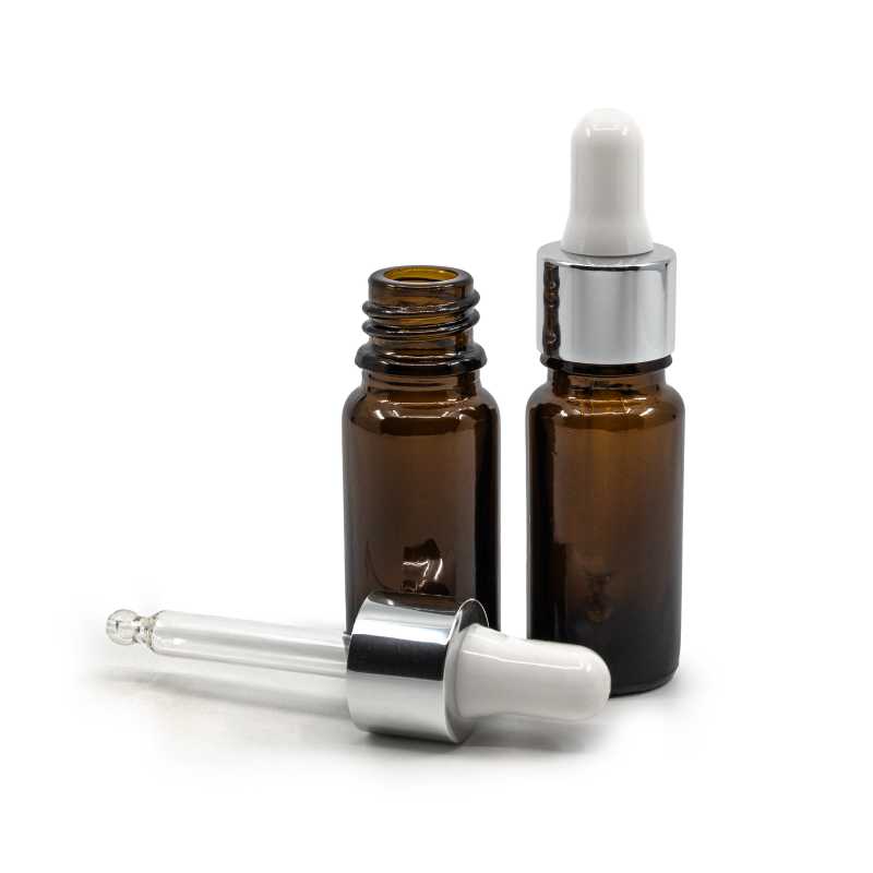 Skleněná lahvička typu B, vysoká, stříbrné lesklé kapátko, 10 ml