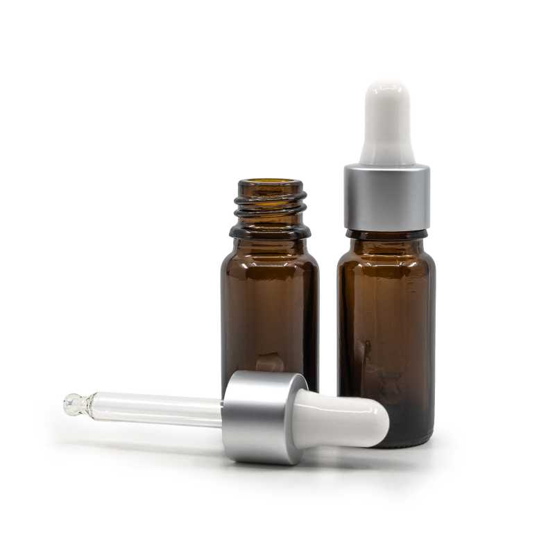 Skleněná lahvička typu B, vysoká, stříbrné matné kapátko, 10 ml