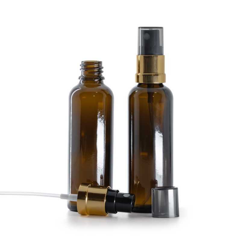 Skleněná lékovka, vysoká, černo-zlatý rozprašovač s dýmovým krytem, 50 ml