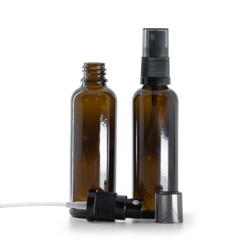 Skleněná lékovka, vysoká, černý rozprašovač, dýmový kryt, 50 ml