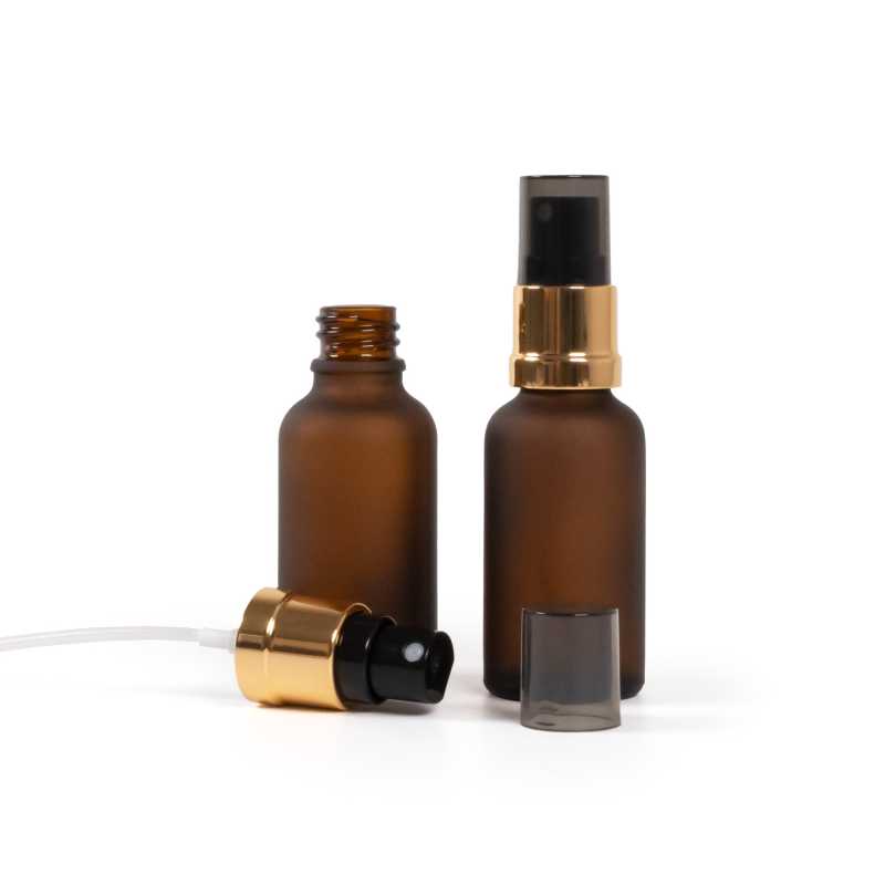 Skleněná matná lékovka hnědá, černo-zlatý rozprašovač, dýmový vrch, 30 ml