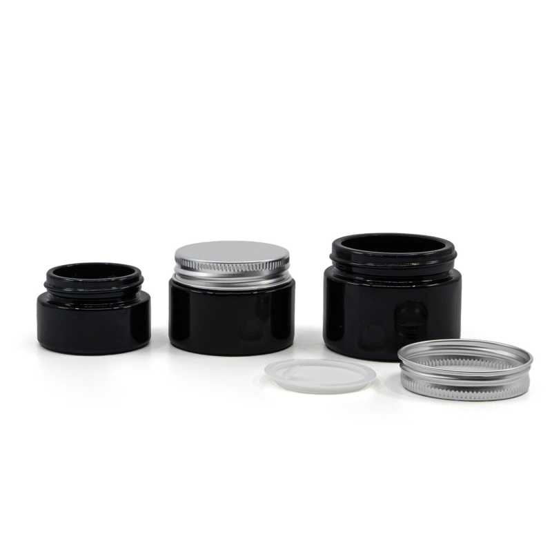 Skleněný kelímek, černý lesklý, hliníkové víčko, 15 ml