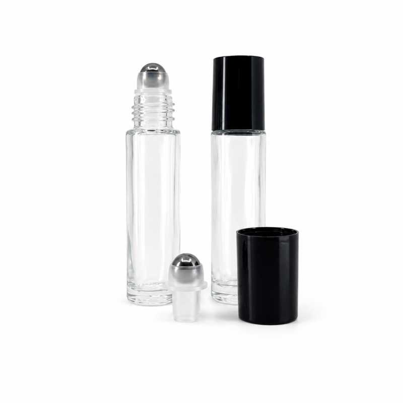 Skleněná lahvička roll-on, průhledná, černý vrchnák, kovová kulička, 10 ml