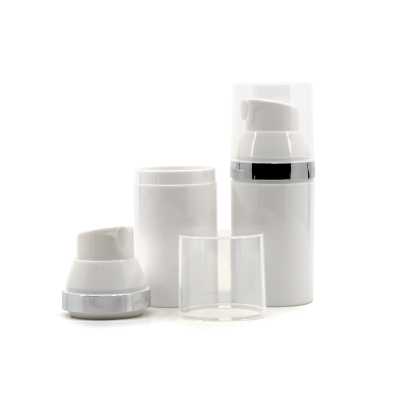 Airless láhev, bílá plastová se stříbrným kroužkem, 30 ml