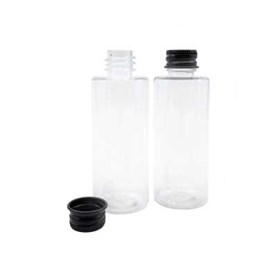 Plastová láhev 60 ml, průhledná, černá hliníková víčka