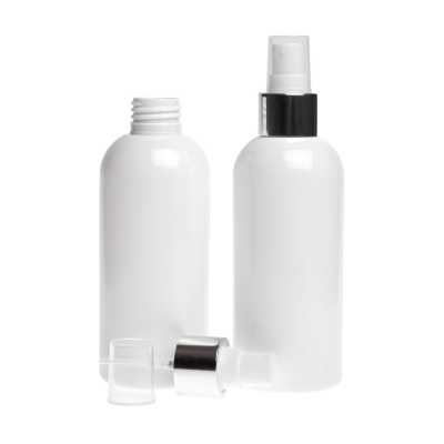 Plastová láhev bílá, bílý sprej, stříbrná lesklá obruč, 200 ml