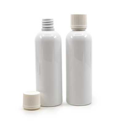 Plastová láhev bílá, bílé vroubkované víčko s bezpečnostním zámkem, 100 ml