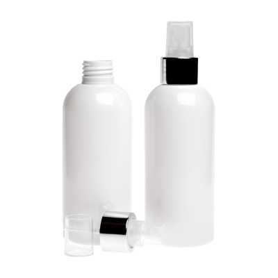 Plastová láhev, bílá, rozprašovač průhledně/stříbrný lesklý, 200 ml