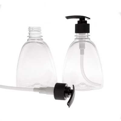Plastová láhev na tekuté mýdlo, průhledná, černý dávkovač, 300 ml