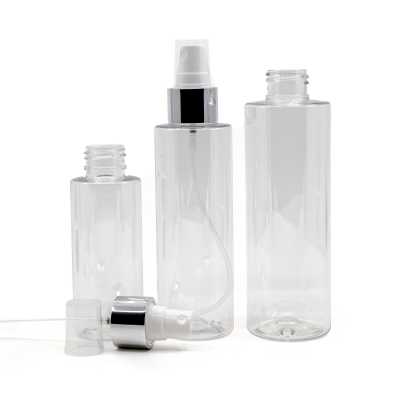 Plastová láhev průhledná, bílý sprej, stříbrná lesklá obruč, 100 ml