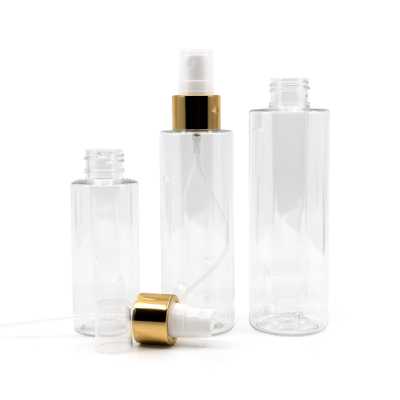 Plastová láhev průhledná, bílý rozprašovač, zlatá lesklá obruč, 100 ml