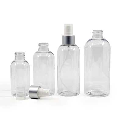 Plastová láhev průhledná, zaoblená, bílý sprej, stříbrná matná obruč, 100 ml