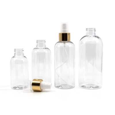 Plastová láhev průhledná, zaoblená, bílý sprej, zlatá lesklá obruč, 100 ml