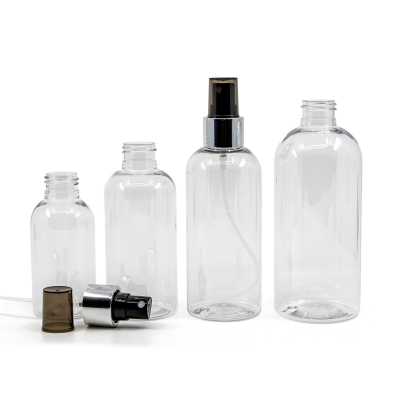 Plastová láhev průhledná, zaoblená, černý rozprašovač, stříbrná lesklá obruč, 200 ml