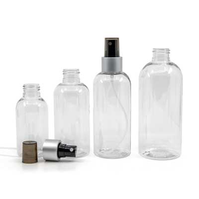 Plastová láhev průhledná, zaoblená, černý rozprašovač, stříbrná matná obruč, 100 ml