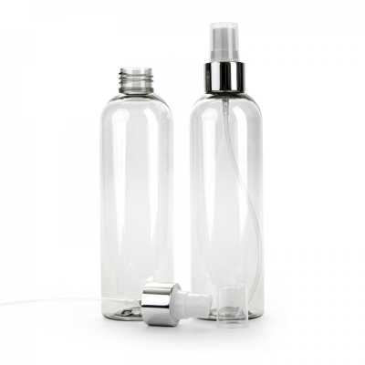 Plastová láhev, recyklovaná, bílý sprej, stříbrná lesklá obruč, 250 ml