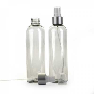 Plastová láhev recyklovaná průhledná, bílý sprej, stříbrná matná obruč, 250 ml