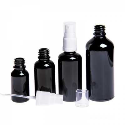 Skleněná lahvička, černá lesklá, bílý sprej, 100 ml