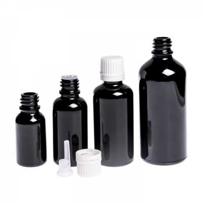 Skleněná lahvička, černá lesklá, bílý vršek s kapátkem, 15 ml