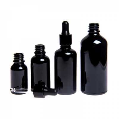 Skleněná láhev, černá lesklá, černé lesklé kapátko, 100 ml